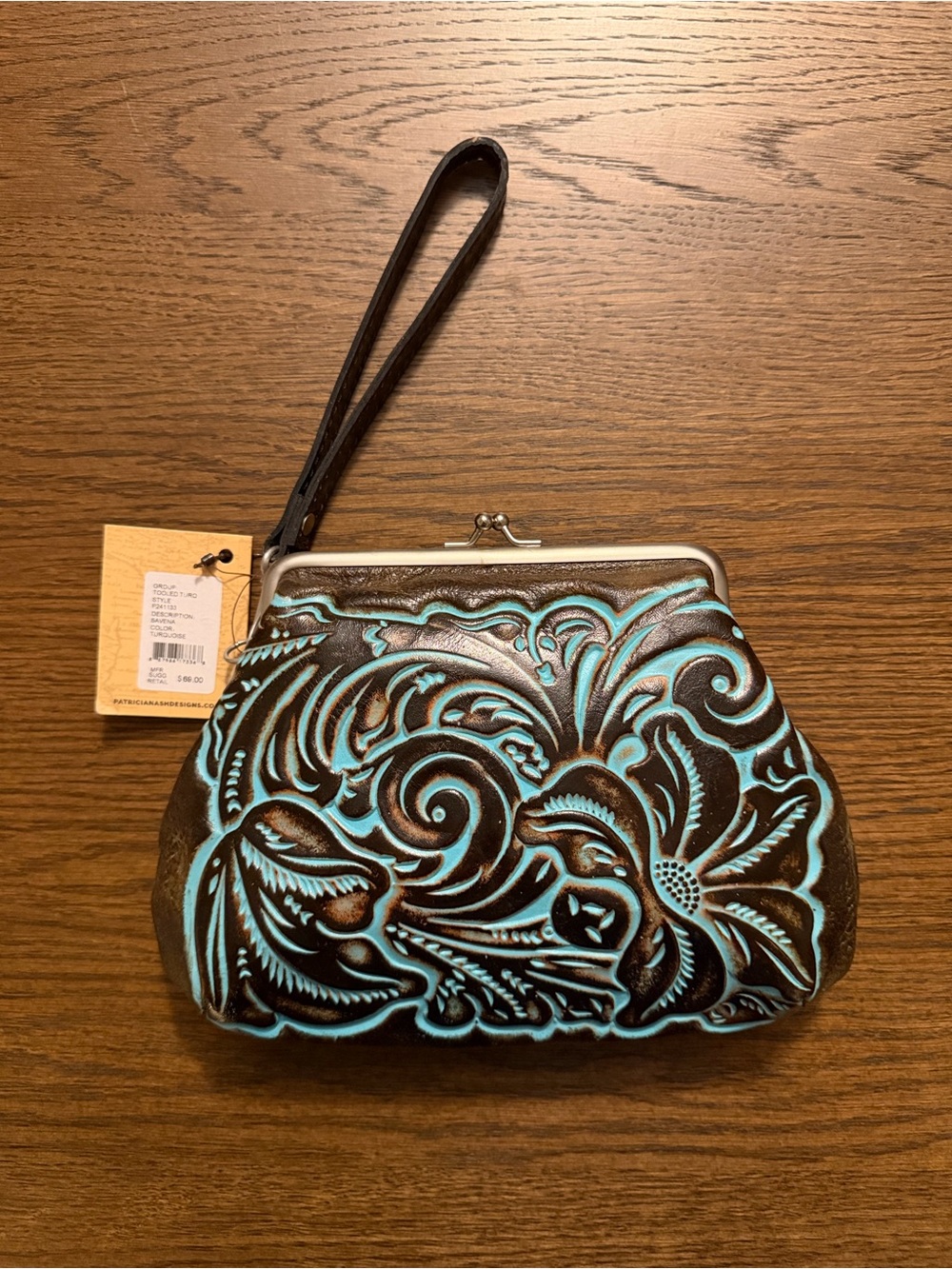 NWT Patricia Nash Savena Tooled Turquoise and Brown Embossed Leather Wristlet